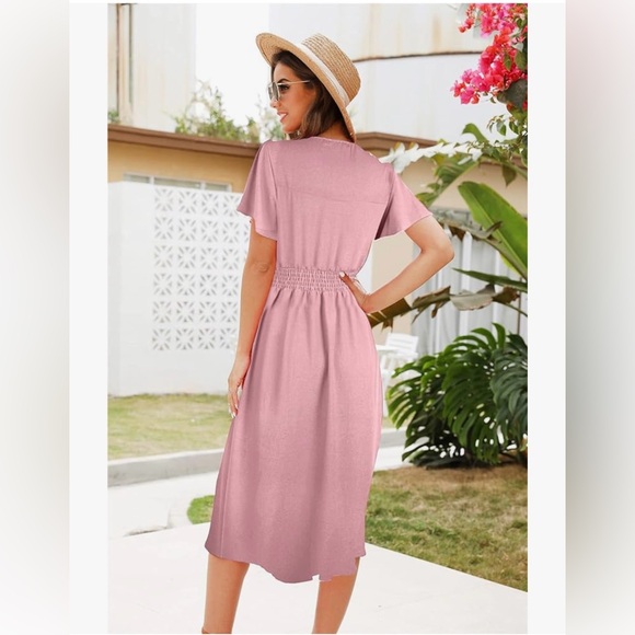 NWT Amazon ROYLAMP brand, size large, button down midi dress, pink v neck - Picture 2 of 6